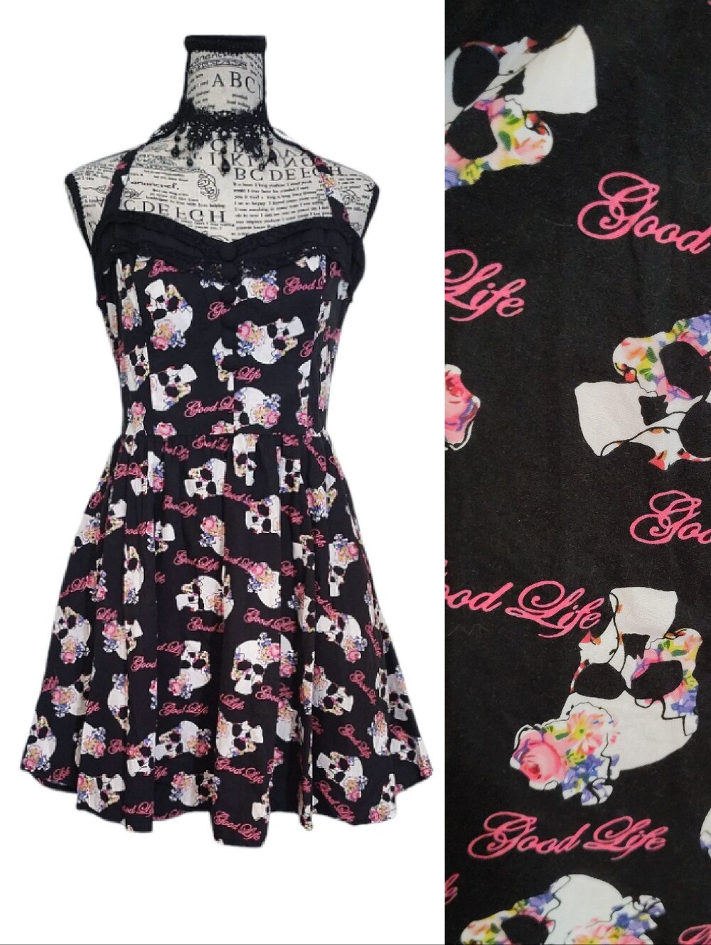 Hell‎ Bunny Black Floral Skulls "Good Life"  Rockabilly Mini Dress Large Goth